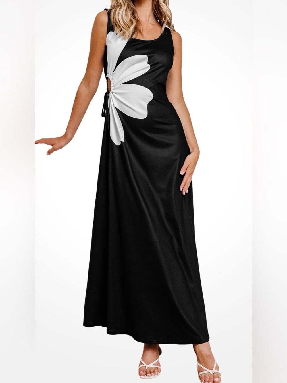 CUPSHE Evenings Layers Floral Maxi Dress Black with White Floral design Small N